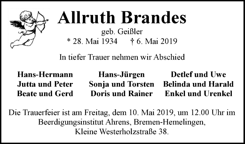  Traueranzeige für Allruth Brandes vom 09.05.2019 aus WESER-KURIER