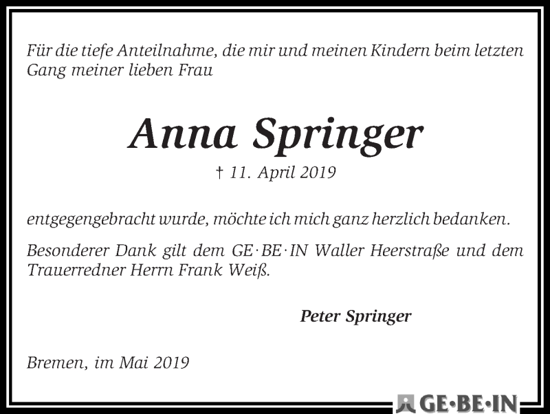  Traueranzeige für Anna Springer vom 25.05.2019 aus WESER-KURIER