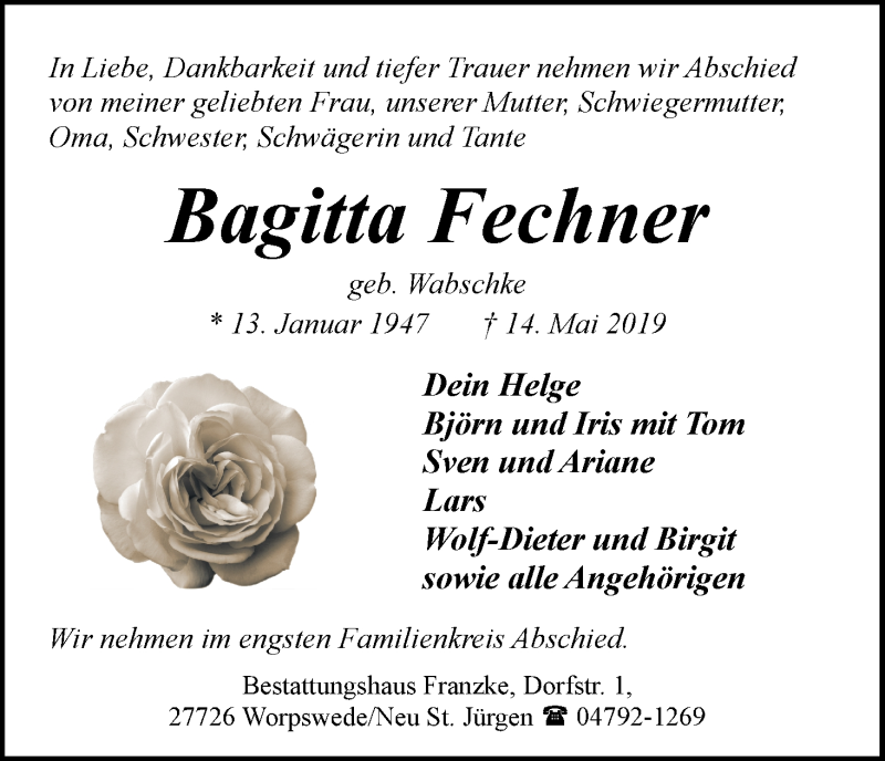  Traueranzeige für Bagitta Fechner vom 25.05.2019 aus Wuemme Zeitung