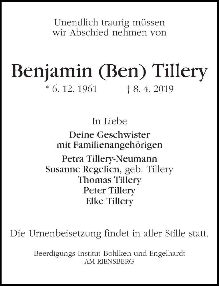  Traueranzeige für Benjamin (Ben) Tillery vom 04.05.2019 aus WESER-KURIER