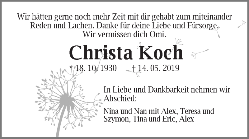  Traueranzeige für Christa Koch vom 25.05.2019 aus WESER-KURIER