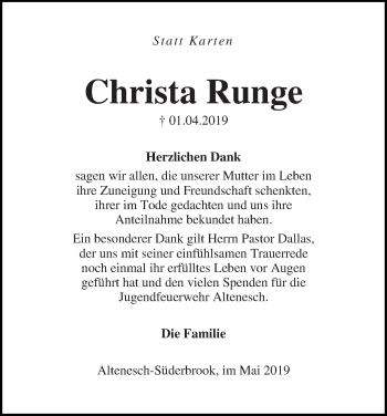 Traueranzeige von Christa Runge