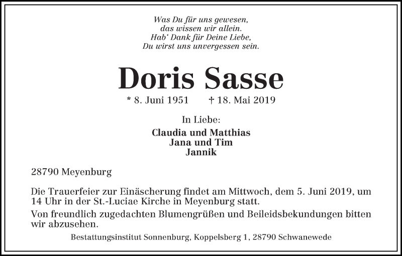Traueranzeige von Doris Sasse von Die Norddeutsche