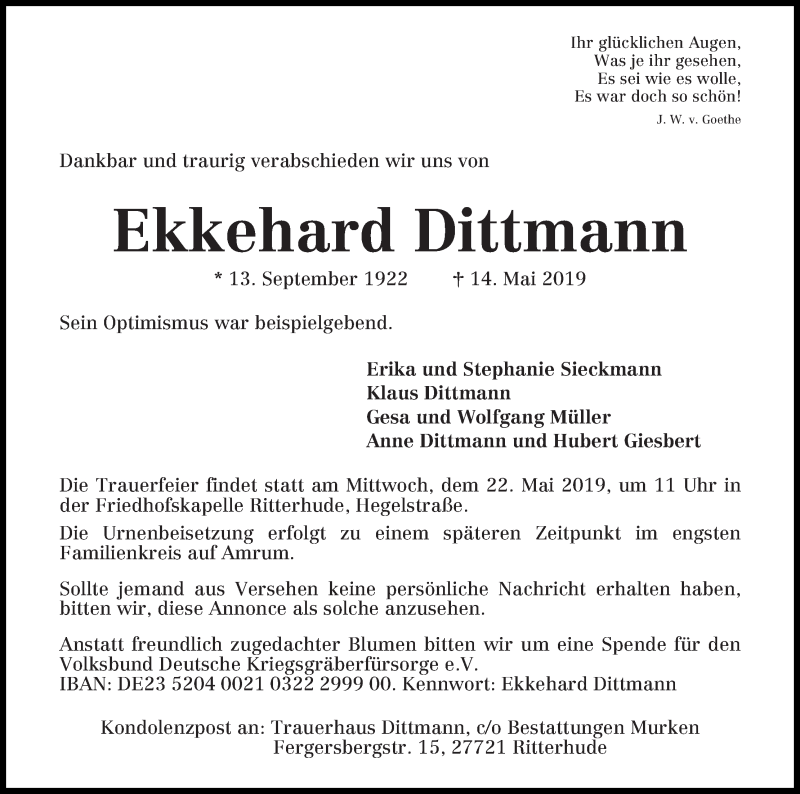 Traueranzeige von Ekkehard Dittmann von Osterholzer Kreisblatt