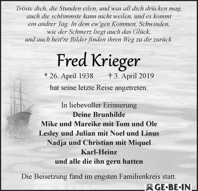  Traueranzeige für Fred Krieger vom 08.05.2019 aus WESER-KURIER