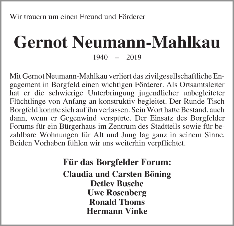  Traueranzeige für Gernot Neumann-Mahlkau vom 25.05.2019 aus Wuemme Zeitung