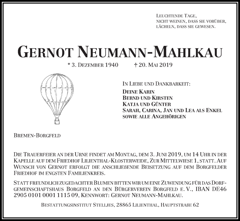  Traueranzeige für Gernot Neumann-Mahlkau vom 24.05.2019 aus Wuemme Zeitung