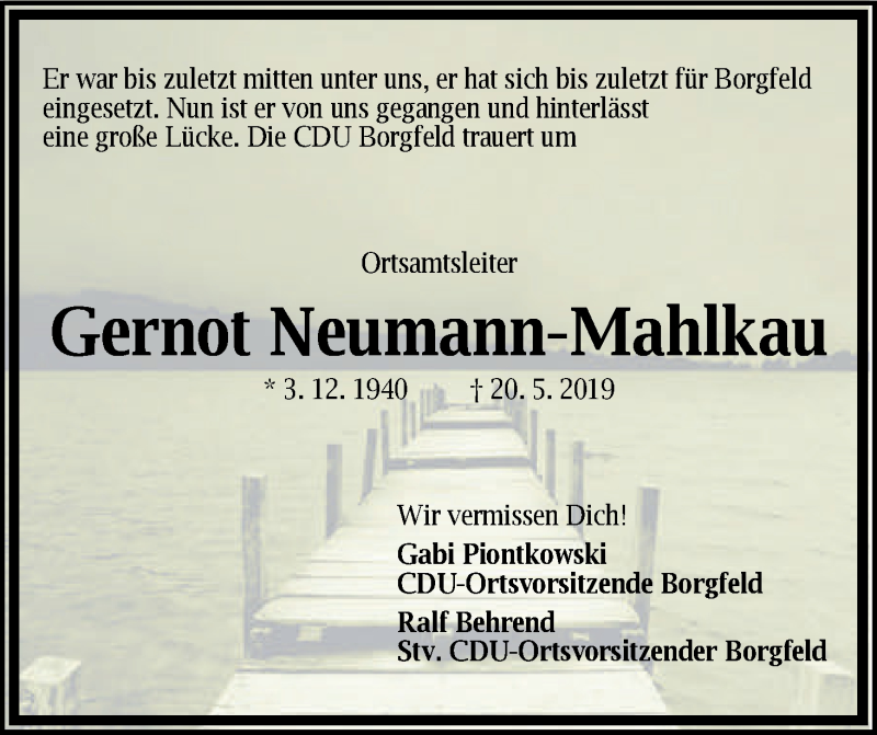 Traueranzeige für Gernot Neumann-Mahlkau vom 25.05.2019 aus Wuemme Zeitung