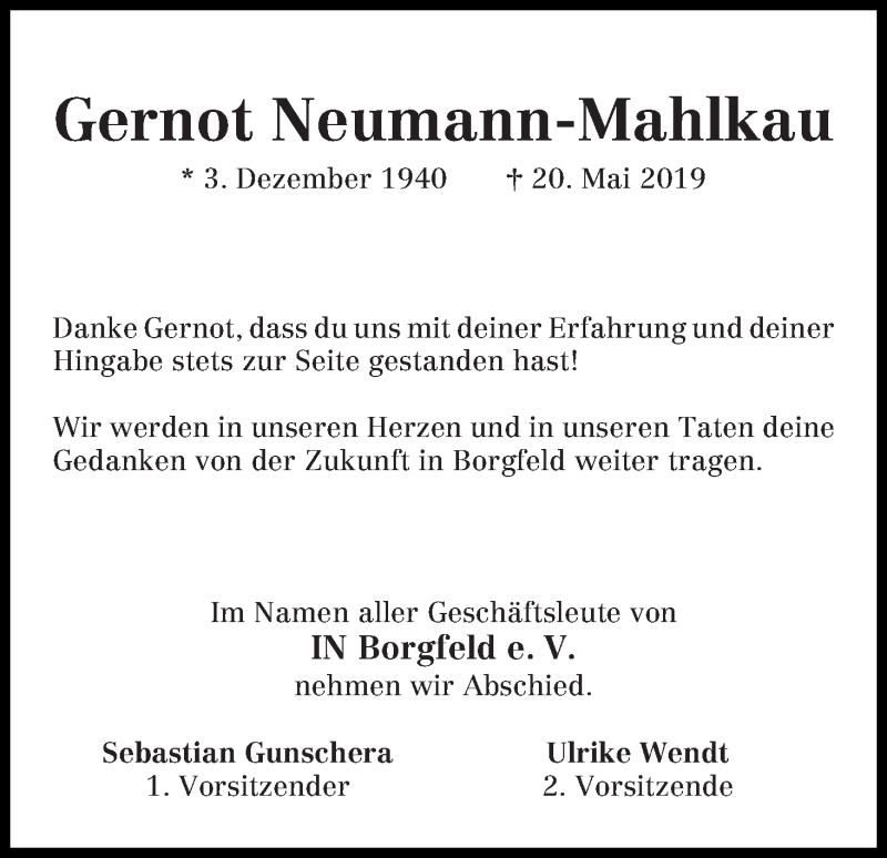  Traueranzeige für Gernot Neumann-Mahlkau vom 29.05.2019 aus Wuemme Zeitung
