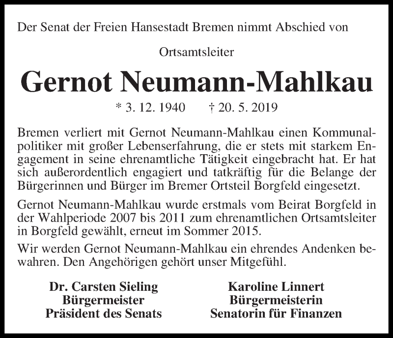  Traueranzeige für Gernot Neumann-Mahlkau vom 25.05.2019 aus WESER-KURIER