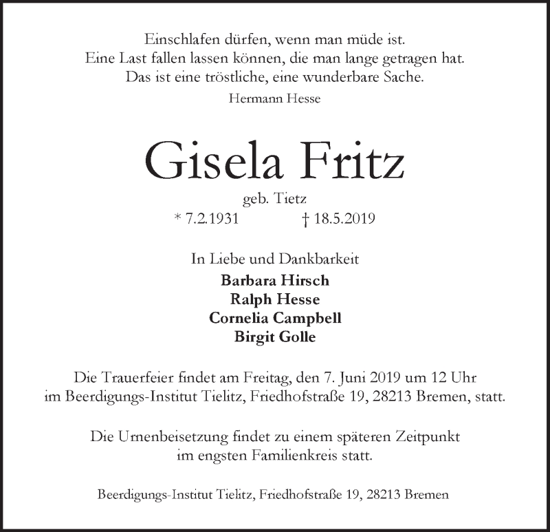  Traueranzeige für Gisela Fritz vom 25.05.2019 aus WESER-KURIER