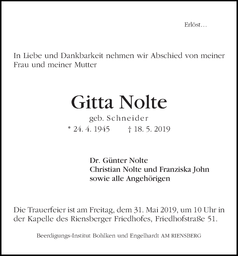  Traueranzeige für Gitta Nolte vom 25.05.2019 aus WESER-KURIER