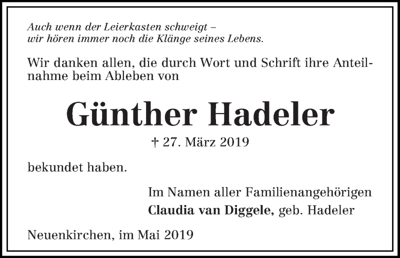 Traueranzeige von Günther Hadeler von Die Norddeutsche