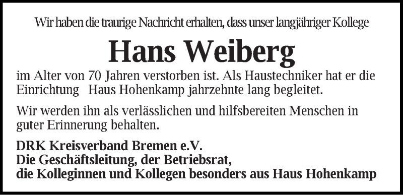 Traueranzeige von Hans Weiberg von WESER-KURIER