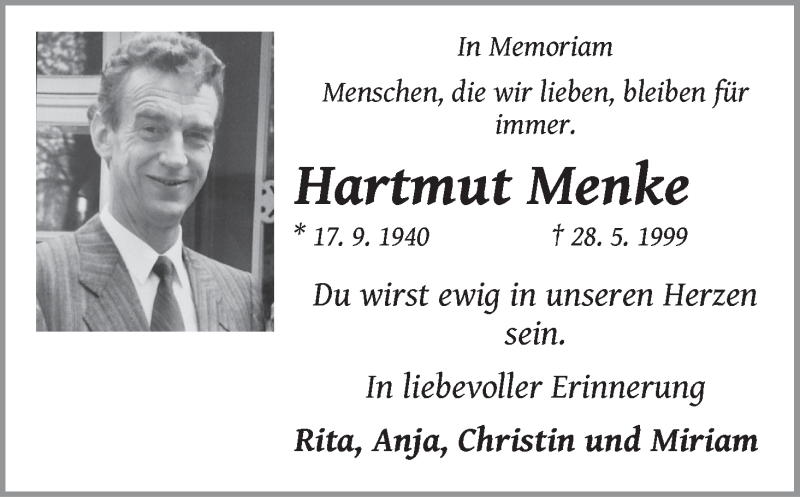 Traueranzeige von Hartmut Menke von Die Norddeutsche