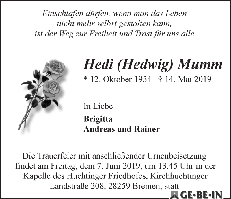  Traueranzeige für Hedi (Hedwig) Mumm vom 18.05.2019 aus WESER-KURIER