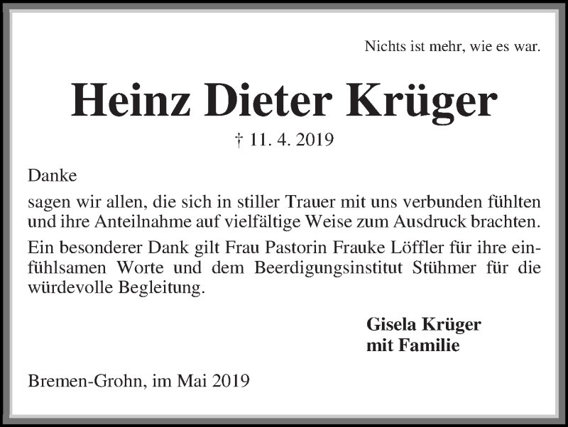 Traueranzeige von Heinz Dieter Krüger von Die Norddeutsche