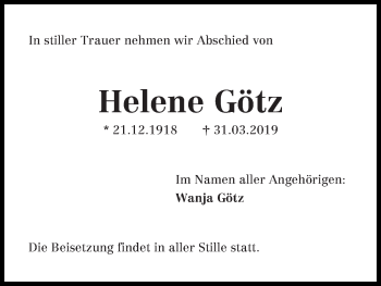 Traueranzeige von Helene Götz