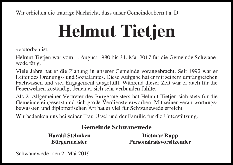  Traueranzeige für Helmut Tietjen vom 02.05.2019 aus Die Norddeutsche