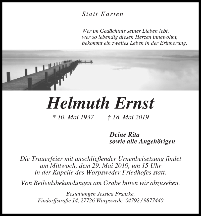 Traueranzeige von Helmuth Ernst von Osterholzer Kreisblatt