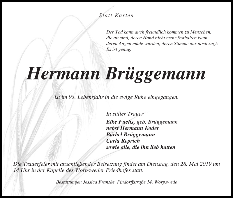 Traueranzeige von Hermann Brüggemann von Wuemme Zeitung