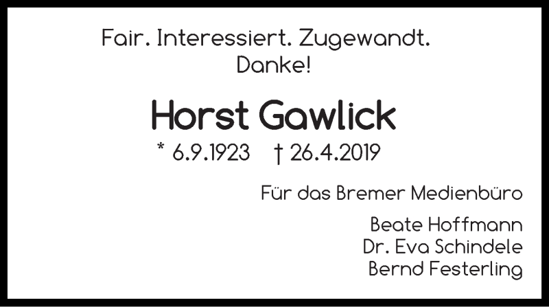  Traueranzeige für Horst Gawlick vom 04.05.2019 aus WESER-KURIER