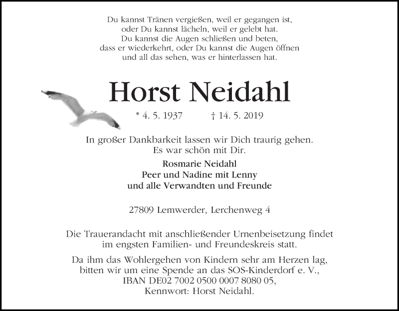 Traueranzeige von Horst Neidahl von Die Norddeutsche