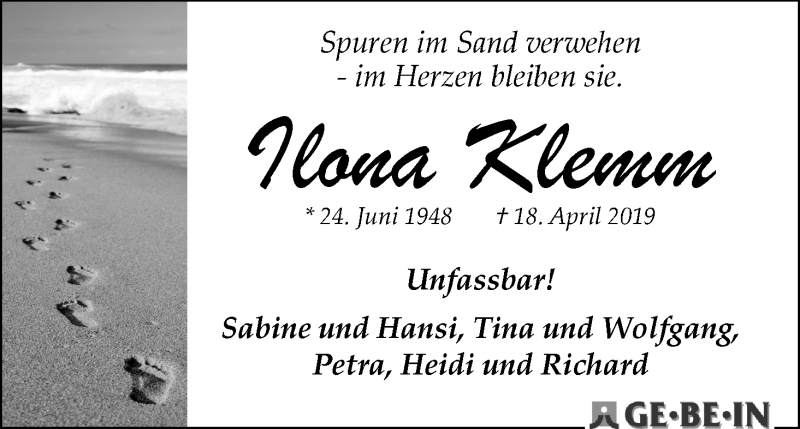  Traueranzeige für Ilona Klemm vom 04.05.2019 aus WESER-KURIER