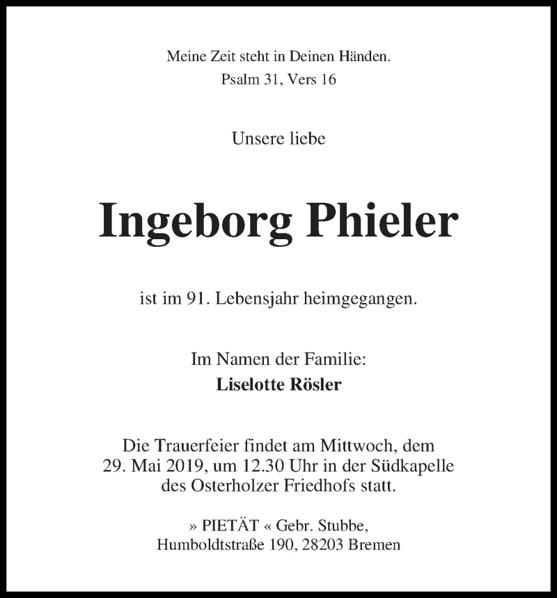  Traueranzeige für Ingeborg Phieler vom 22.05.2019 aus WESER-KURIER