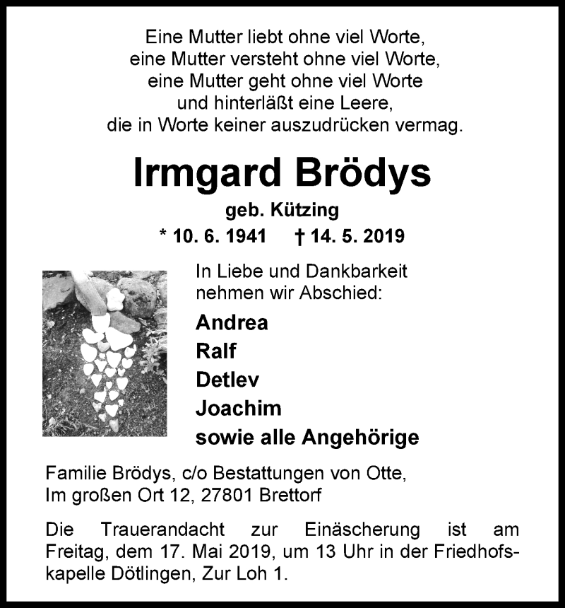  Traueranzeige für Irmgard Brödys vom 16.05.2019 aus WESER-KURIER
