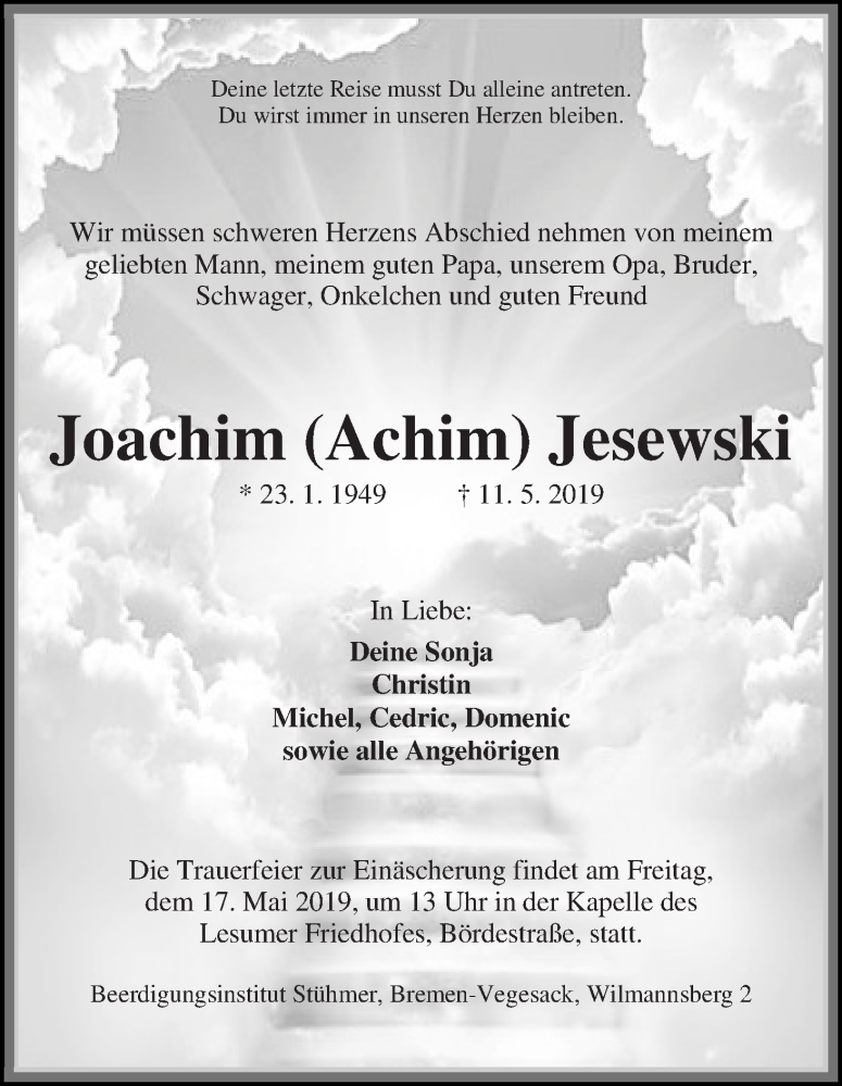  Traueranzeige für Joachim (Achim) Jesewski vom 15.05.2019 aus Die Norddeutsche