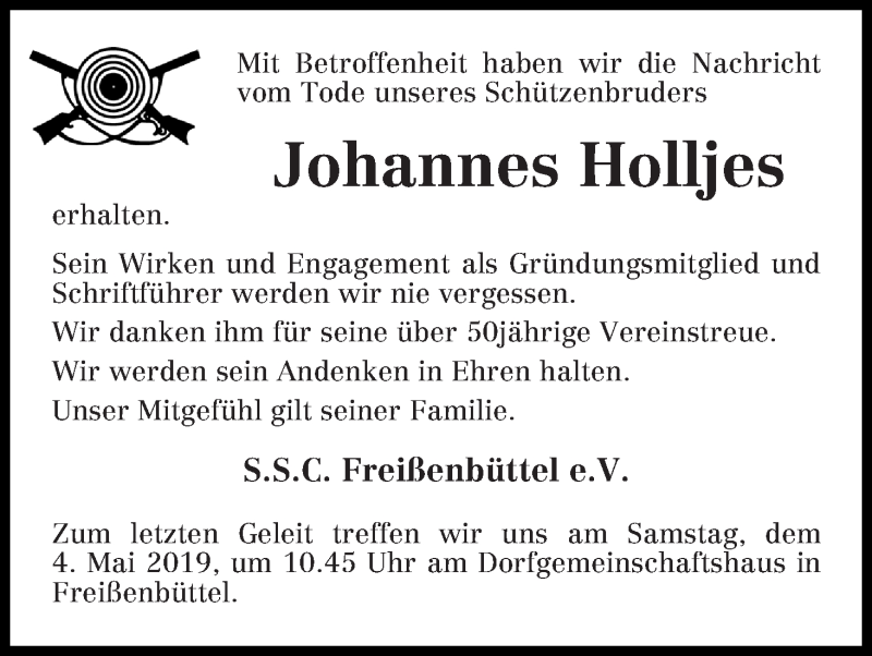 Traueranzeige von Johannes Holljes von Osterholzer Kreisblatt