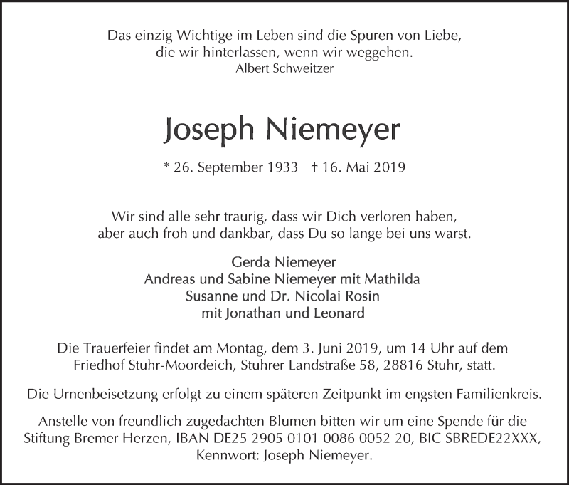 Traueranzeige von Joseph Niemeyer von WESER-KURIER