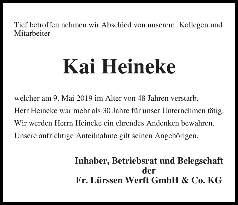  Traueranzeige für Kai Heineke vom 18.05.2019 aus Die Norddeutsche