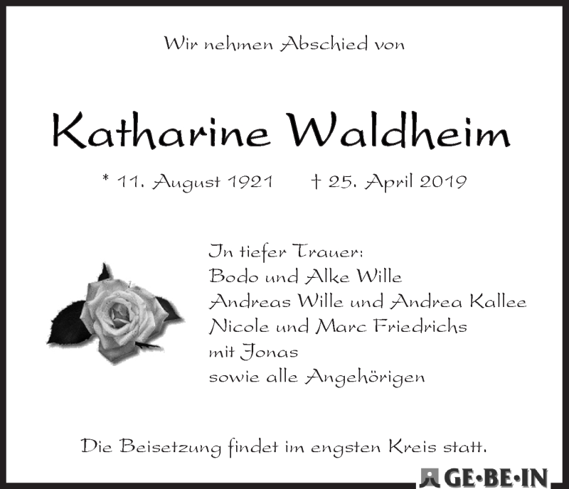 Traueranzeige von Katharine Waldheim von WESER-KURIER