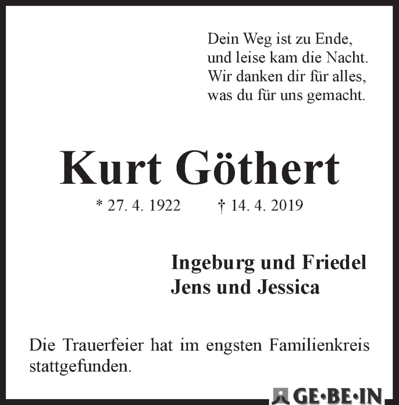 Traueranzeige von Kurt Göthert von WESER-KURIER