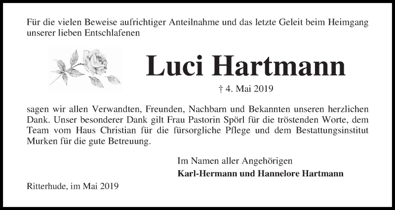 Traueranzeige von Luci Hartmann von Osterholzer Kreisblatt
