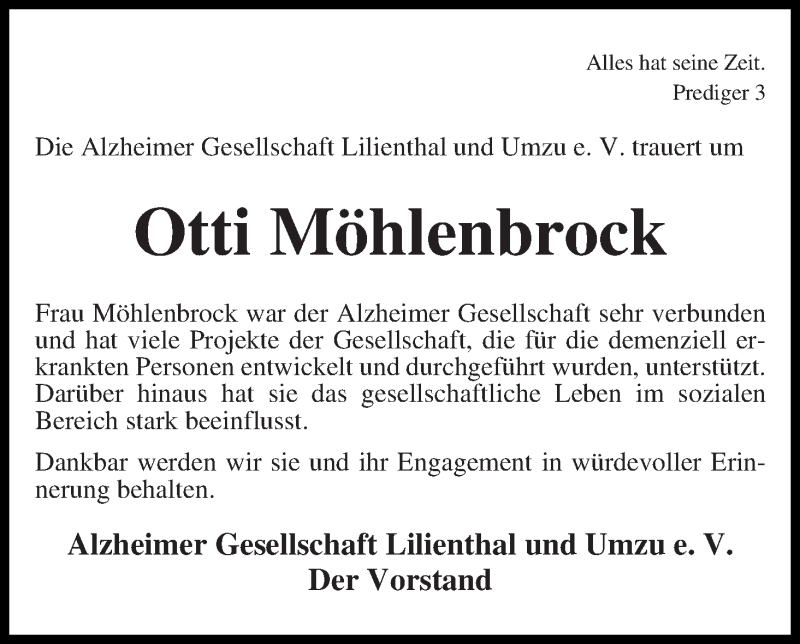 Traueranzeige von Otti Möhlenbrock von Wuemme Zeitung