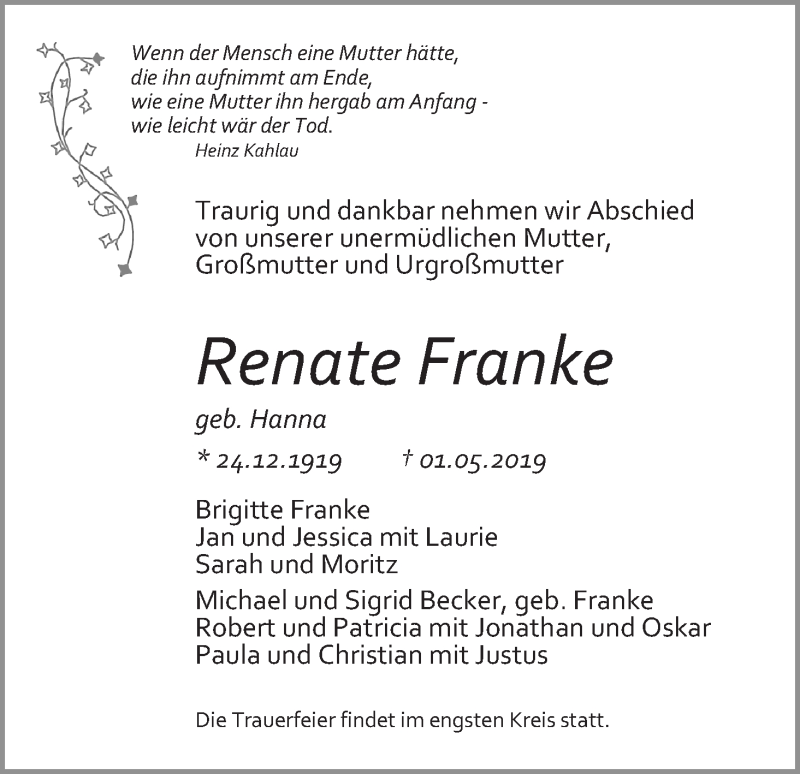 Traueranzeige von Renate Franke von WESER-KURIER