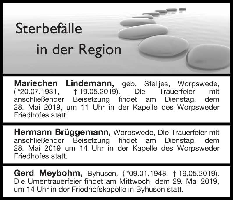 Traueranzeige von Sterbefälle in der Region Ausagbe 24.05.2019 von Osterholzer Kreisblatt