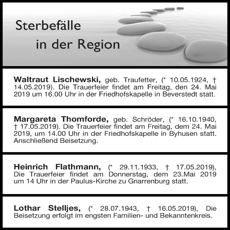 Traueranzeige von Sterbefälle in der Region Ausgabe 22.05.2019 von Osterholzer Kreisblatt