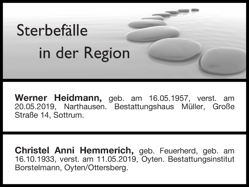 Traueranzeige von Sterbefälle in der Region Ausgabe 25.05.2019 von Achimer Kurier/Verdener Nachrichten