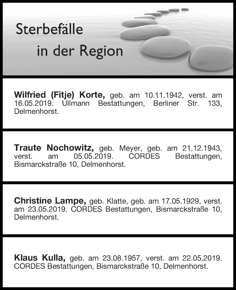 Traueranzeige von Sterbefälle in der Region Ausgabe 25.05.2019 von Delmenhorster Kurier