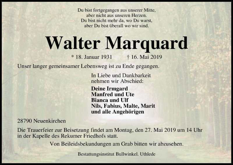 Traueranzeige von Walter Marquard von Die Norddeutsche