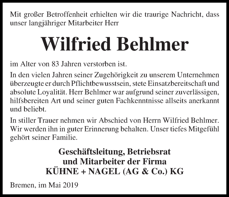 Traueranzeige von Wilfried Behlmer von WESER-KURIER