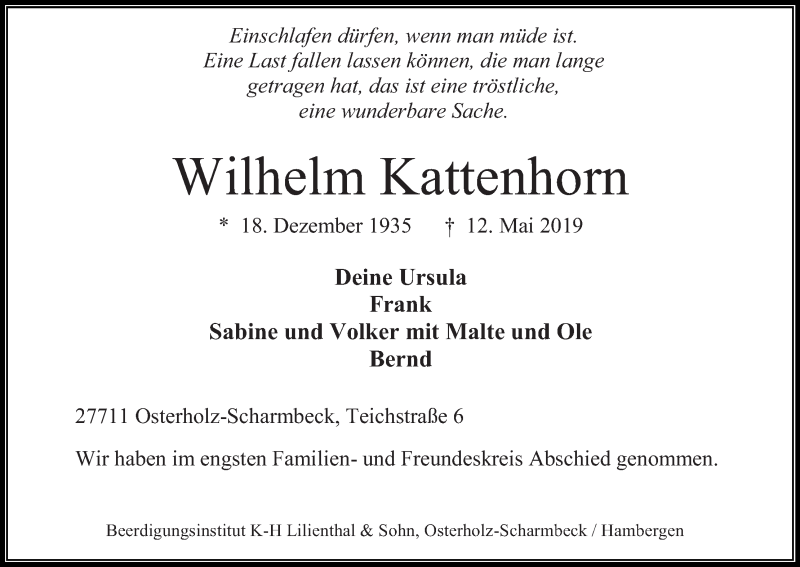 Traueranzeige von Wilhelm Kattenhorn von Osterholzer Kreisblatt