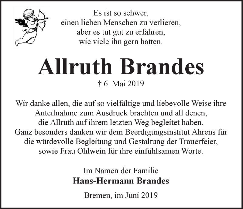  Traueranzeige für Allruth Brandes vom 08.06.2019 aus WESER-KURIER