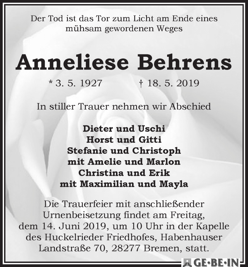  Traueranzeige für Anneliese Behrens vom 11.06.2019 aus WESER-KURIER
