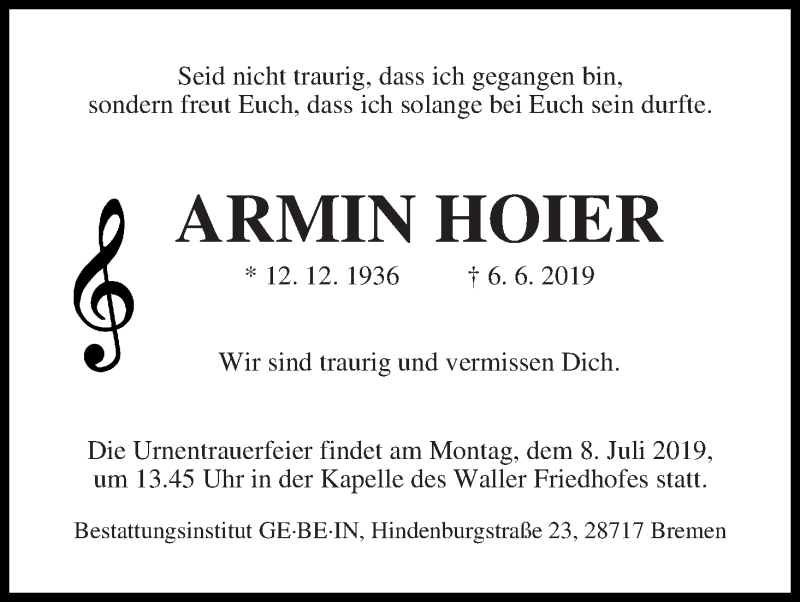 Traueranzeige für Armin Hoier vom 29.06.2019 aus WESER-KURIER
