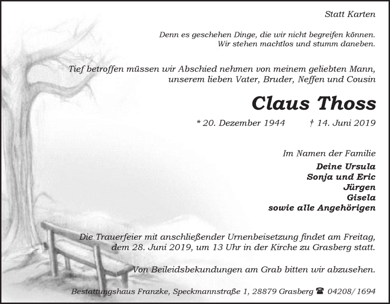  Traueranzeige für Claus Thoss vom 22.06.2019 aus Wuemme Zeitung